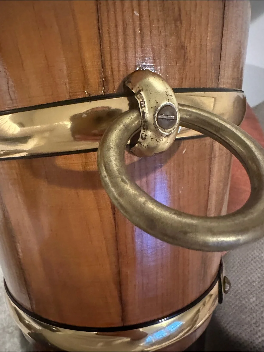 Vintage Kraftware NYC Wood Ice Bucket Brass Bands Nautical Barware MCM